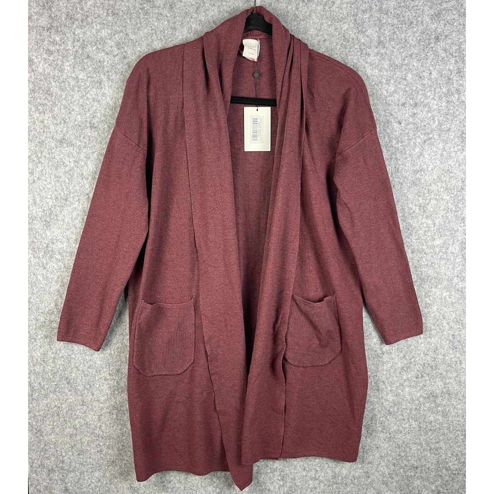 Frey by Short Story Long Cardigan Womens SP MP Burgundy Open Front Minimal NWT